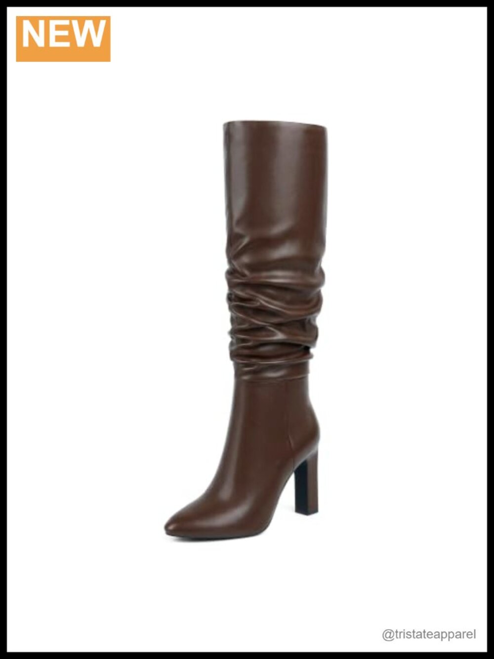 Faux Leather Knee High Chunky Heel Boots Side Zip Almond Toe
